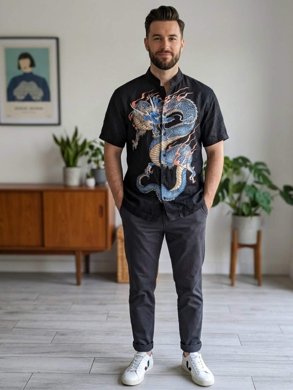 Black Short-Sleeve Dragon Print Shirt